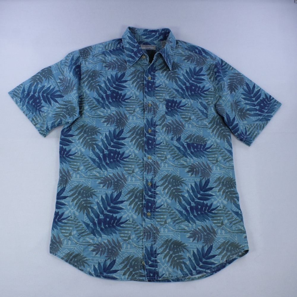 Covington Blue Leaf-Print Guayabera / Hawaiian Shirt - Men's Size M